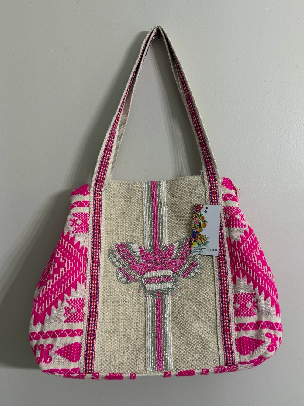 Express Edit Bohemian Beaded Metallic Ikat Design Tote Bag